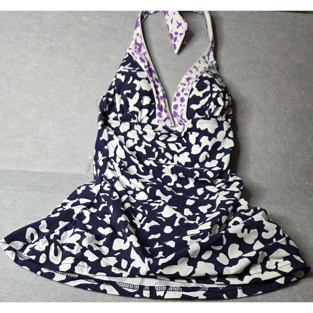 GOTTEX Profile Tankini Swim Top Halter Navy White Purp Abstract Print Size 6 NWT